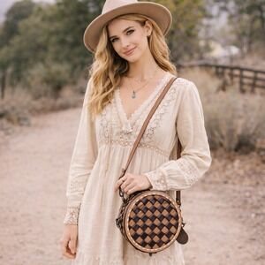 Countryside Co Round Leather Woven Crossbody Bag Purse